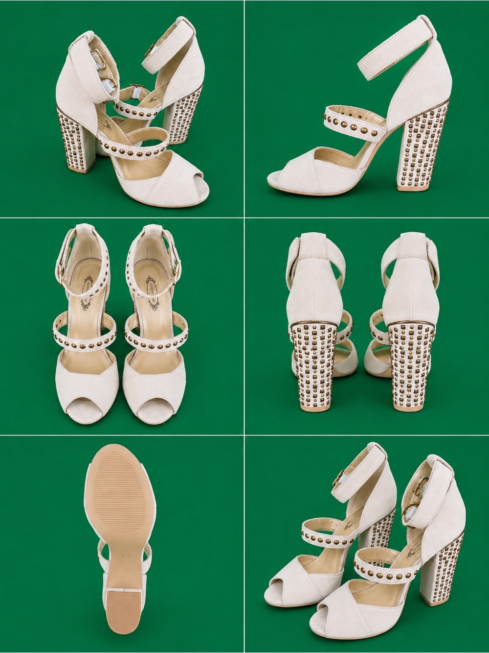 Beige Studded Block Heel Sandals with Ankle Strap